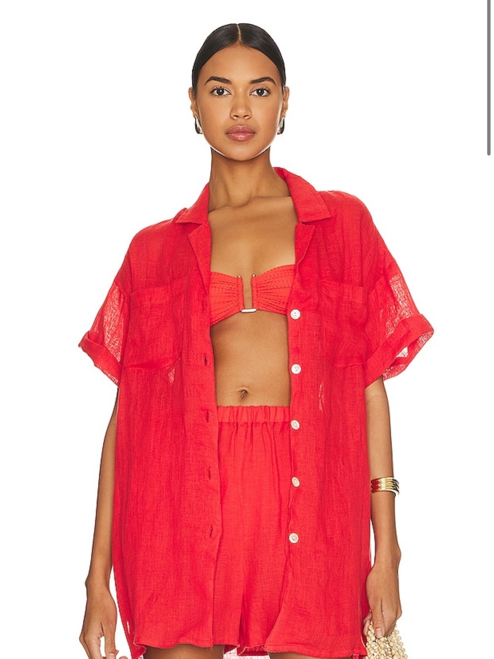 Playa Pocket Blouse in Hibiscus linen button down, Vitamin A